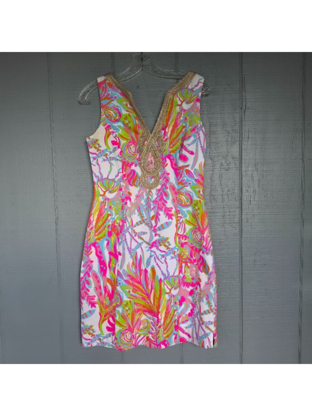 Lilly Pulitzer Sheath Dress Sleeveless Pink Green Tropical Print Gold Trim. Sz 4